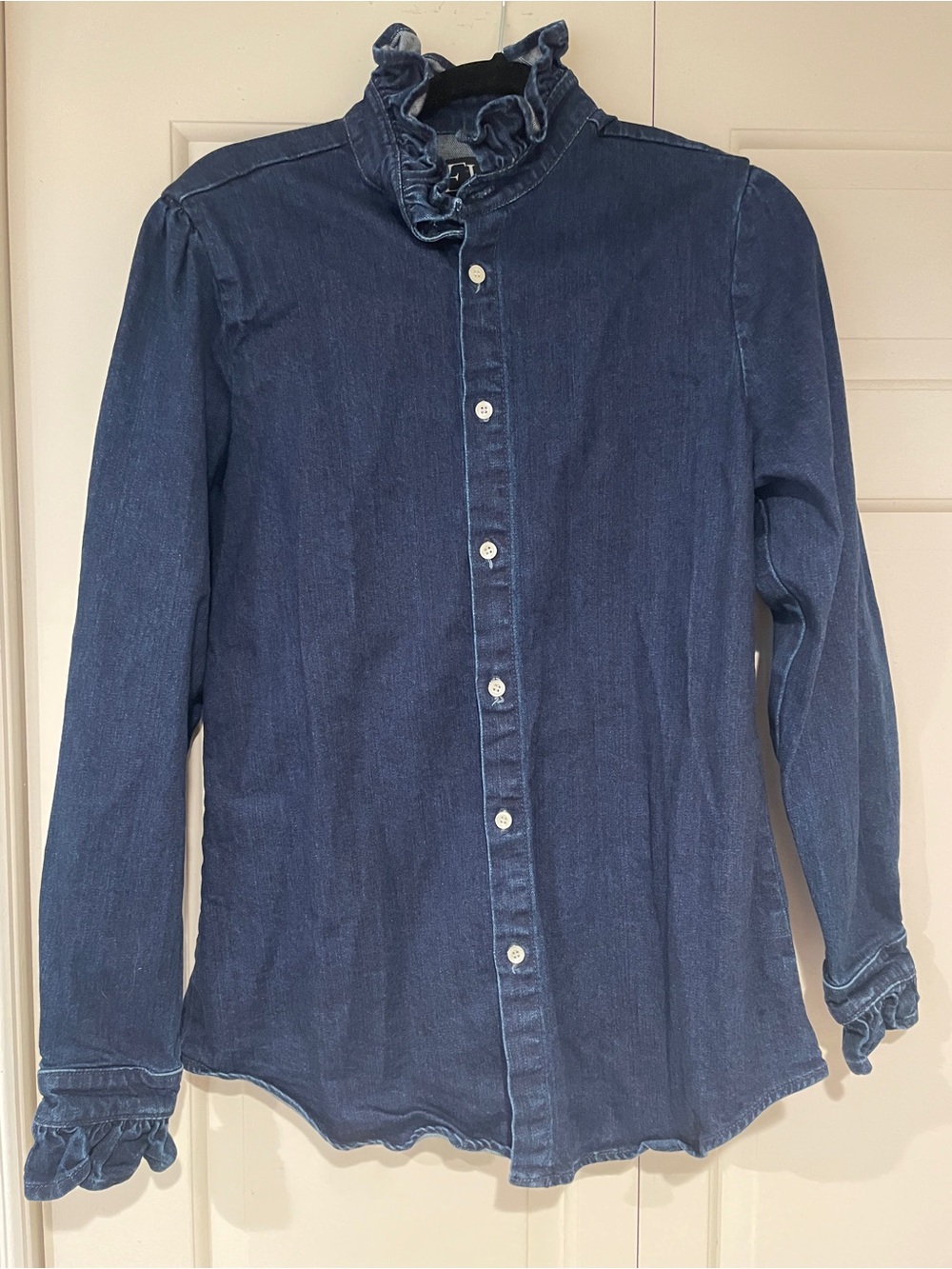 Eve Denim Button Front Ruffle Blouse Small